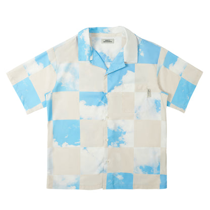Blue Checkerboard Plaid Sky Print Short Sleeve Shirt Men's Loose Casual Shirt