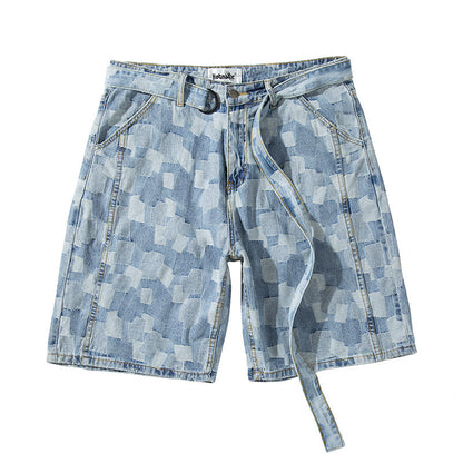 European And American High Street Ins Washed Blue Plaid Straight Loose Five-Point Denim Shorts