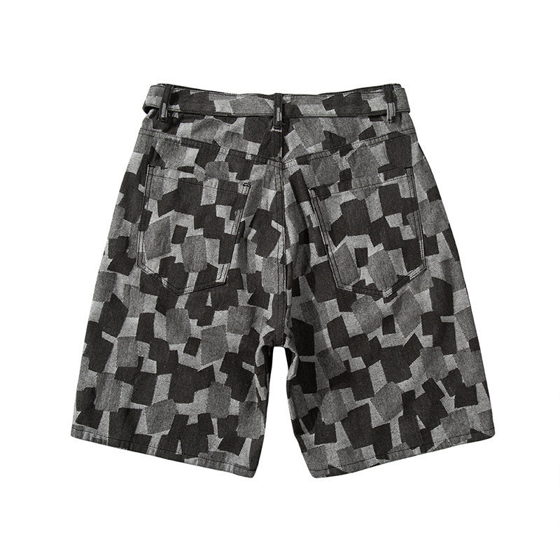 European And American High Street Ins Washed Blue Plaid Straight Loose Five-Point Denim Shorts