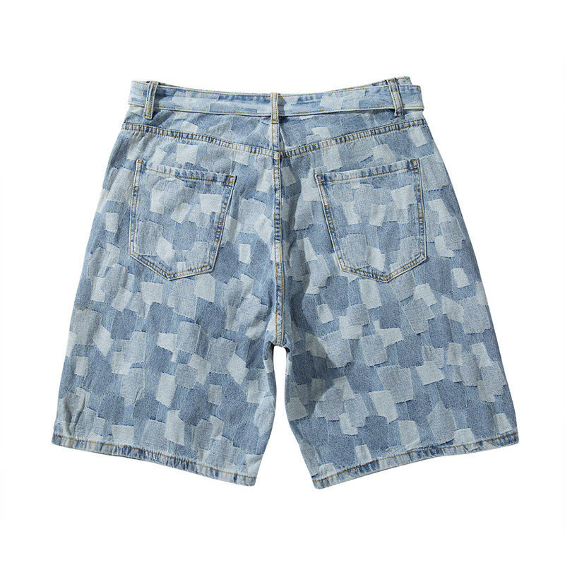 European And American High Street Ins Washed Blue Plaid Straight Loose Five-Point Denim Shorts