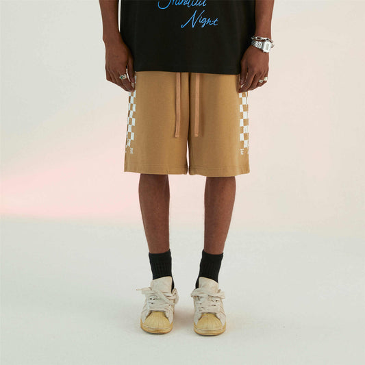 Beige Knit Check Print Shorts