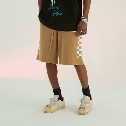Beige Knit Check Print Shorts