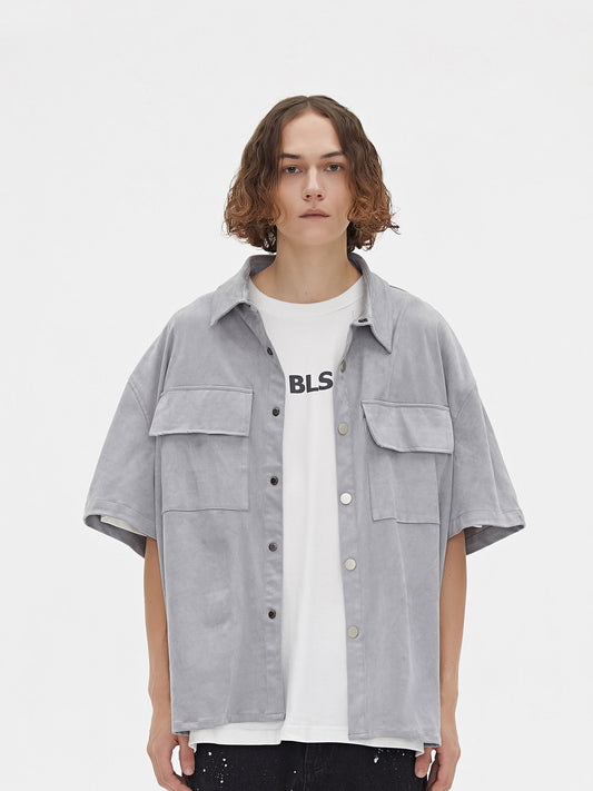 Suede Half Sleeve Shirt Jacket With Multiple Pockets