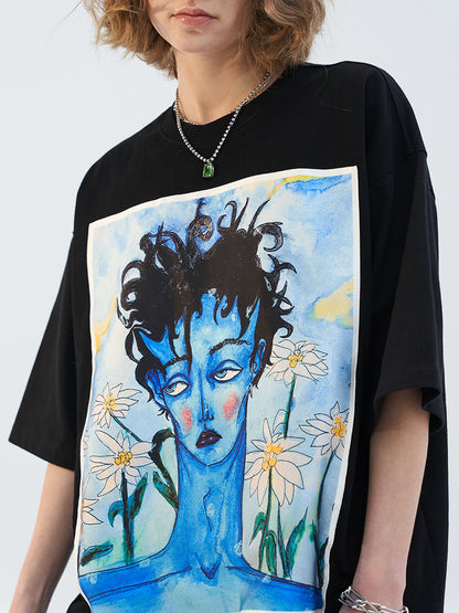 Blue Melancholic Portrait Satin Patch Short-sleeved Oversize Loose Casual Trendy T-shirt