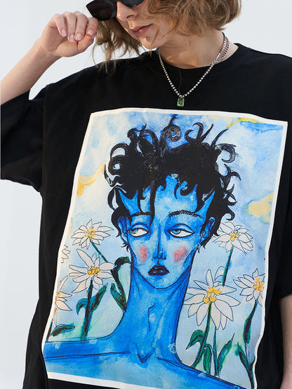 Blue Melancholic Portrait Satin Patch Short-sleeved Oversize Loose Casual Trendy T-shirt