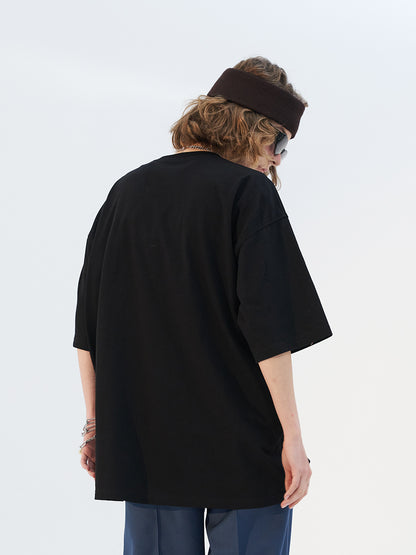 Blue Melancholic Portrait Satin Patch Short-sleeved Oversize Loose Casual Trendy T-shirt