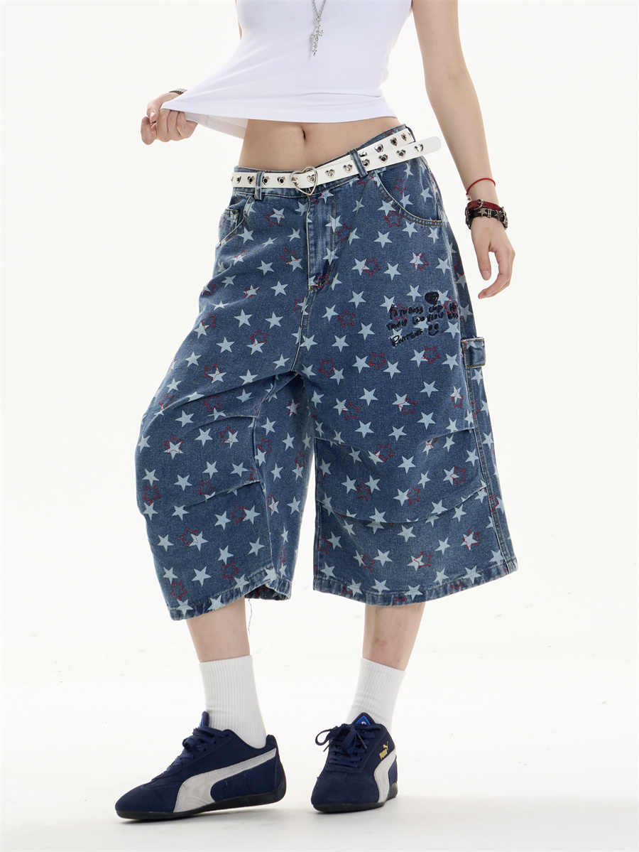 Printed Denim Cropped Loose Wide Leg Pants