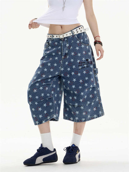 Printed Denim Cropped Loose Wide Leg Pants