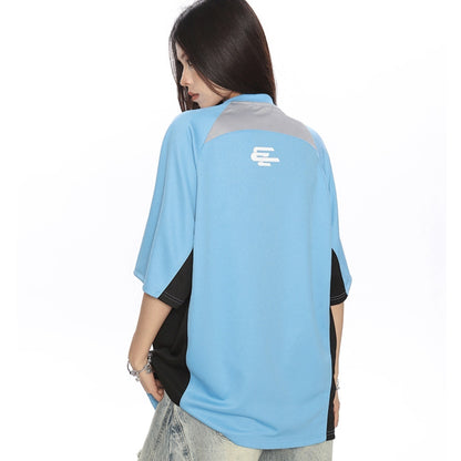 Female Color Blocked Patchwork Small V-neck Raglan Short Sleeved Shirt