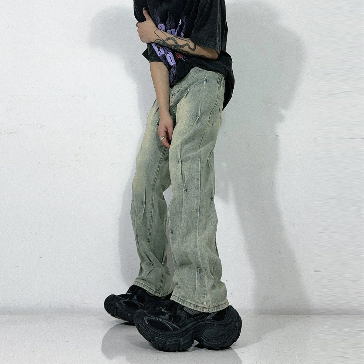 Men's Fashion Personalized Washed Yellow Mud Jeans