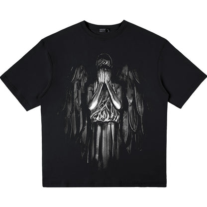 Angel Print Short Sleeve T-Shirt Loose Cotton Crew Neck
