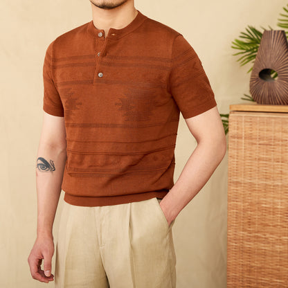 Jacquard Tencel Cotton Blended Knitted Henley Shirt Short-sleeved T-shirt