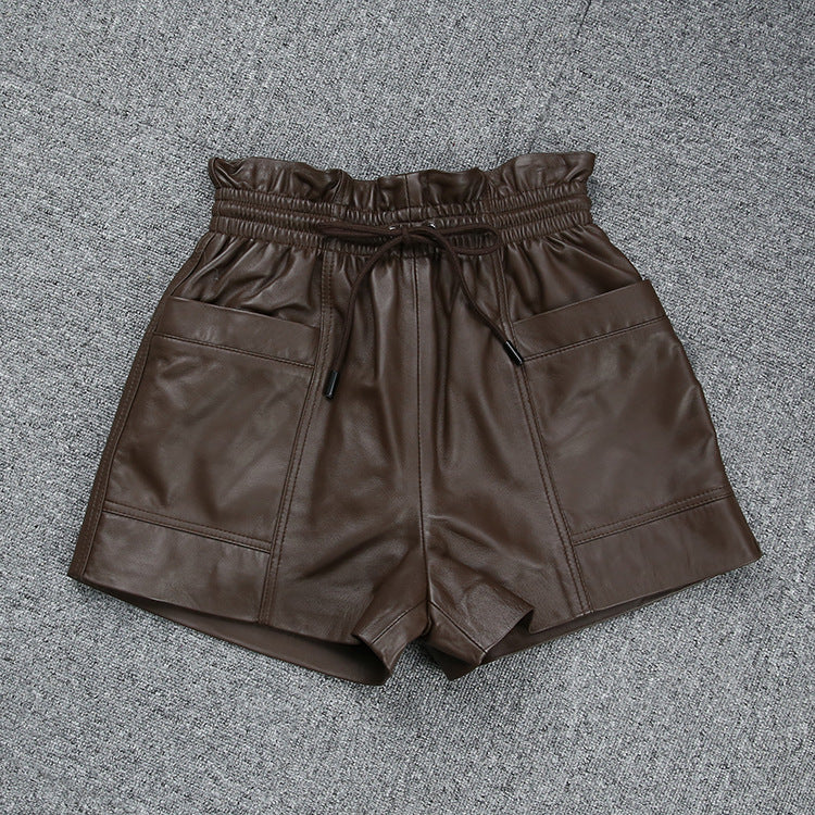Drawstring Pocket Casual Leather Sheepskin Shorts