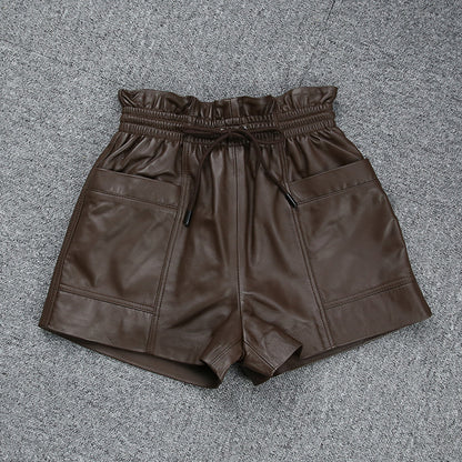 Drawstring Pocket Casual Leather Sheepskin Shorts