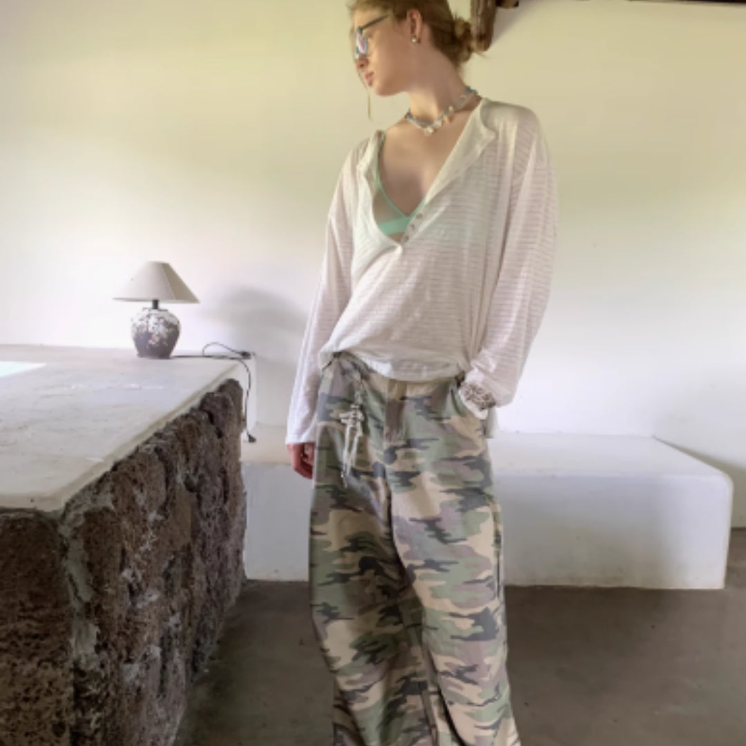 Wide Camouflage Drawstring Wide Leg Floor Pants Female