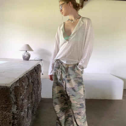Wide Camouflage Drawstring Wide Leg Floor Pants Female