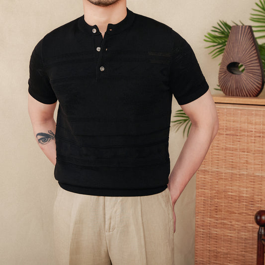 Jacquard Tencel Cotton Blended Knitted Henley Shirt Short-sleeved T-shirt