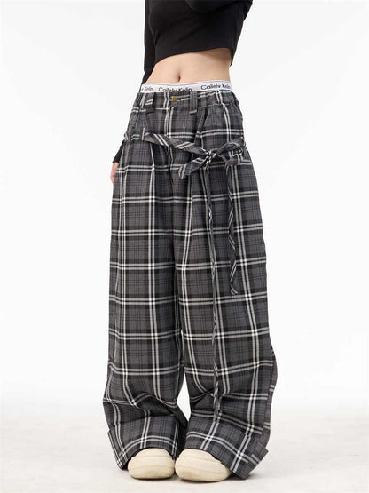 American-style Retro Plaid Ribbon Elastic Waist Wide-leg Pants