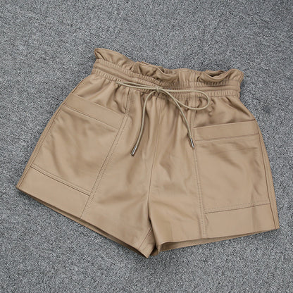 Drawstring Pocket Casual Leather Sheepskin Shorts