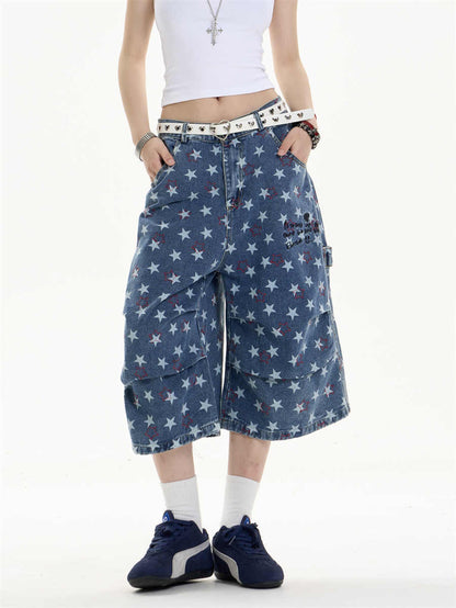 Printed Denim Cropped Loose Wide Leg Pants