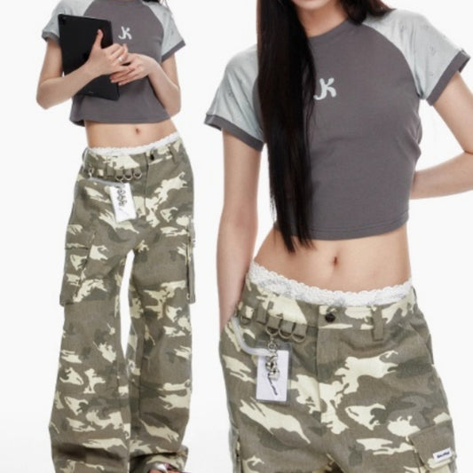 Imitation Sand Washed And Worn Faded White Multi Pocket Camouflage Jeans