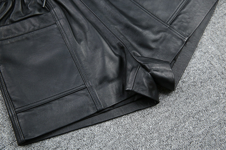 Drawstring Pocket Casual Leather Sheepskin Shorts