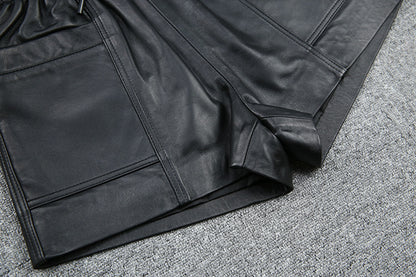 Drawstring Pocket Casual Leather Sheepskin Shorts