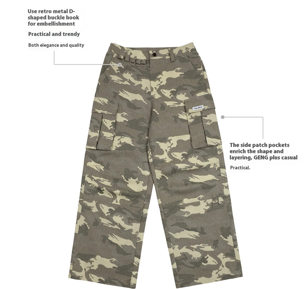 Imitation Sand Washed And Worn Faded White Multi Pocket Camouflage Jeans