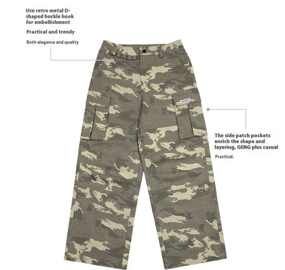 Imitation Sand Washed And Worn Faded White Multi Pocket Camouflage Jeans