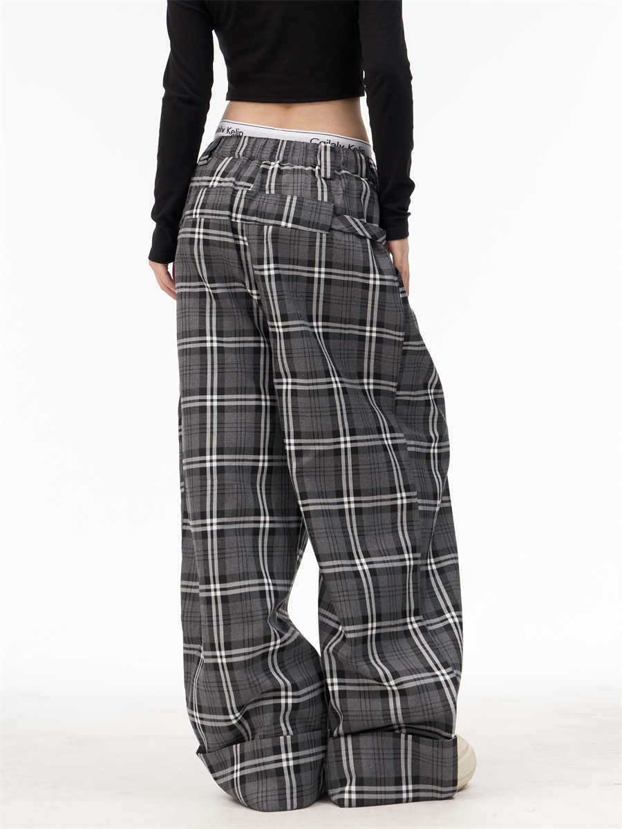 American-style Retro Plaid Ribbon Elastic Waist Wide-leg Pants