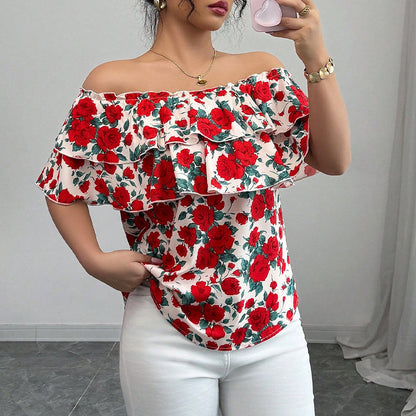 Off-shoulder Short-sleeved Shirt Double-layer Ruffled Women's Clothing