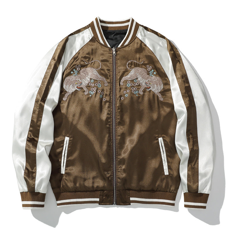 He Tiger Embroidered Jacket Baseball Collar Coat Male Chinese Style