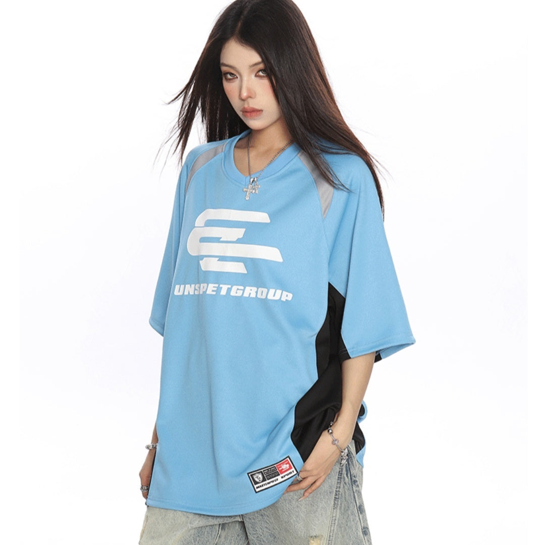 Female Color Blocked Patchwork Small V-neck Raglan Short Sleeved Shirt