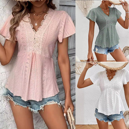 Summer New Flounced Sleeve Lace V-neck Stitching Hollow Jacquard Short-sleeved Top