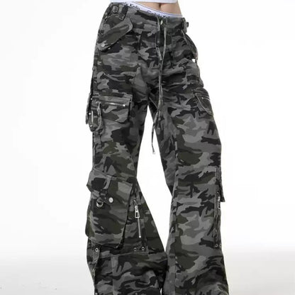 Retro Camouflage Cargo Pants Design Low Waist Loose