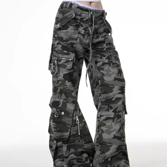 Retro Camouflage Cargo Pants Design Low Waist Loose