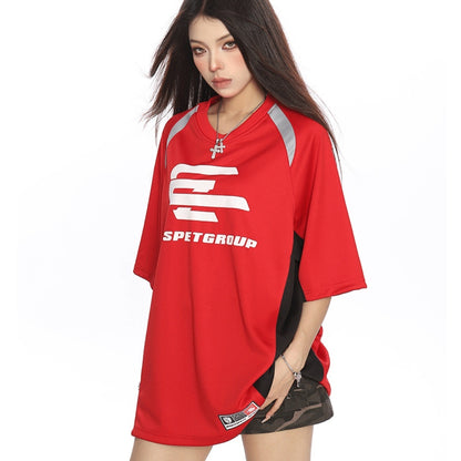 Female Color Blocked Patchwork Small V-neck Raglan Short Sleeved Shirt
