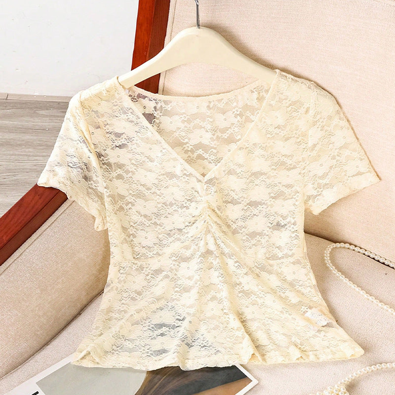 Female European And American Style Sexy Lace Shirt Short Sleeved