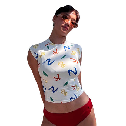 European And American Sleeveless Sexy Round Neck Print T-shirt Top For Women