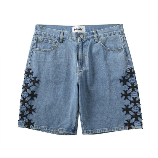 European And American High Street Leather Denim Shorts