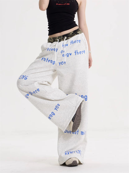 Letter High Waist Drawstring Wide Leg Pants