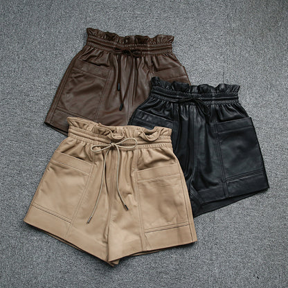 Drawstring Pocket Casual Leather Sheepskin Shorts