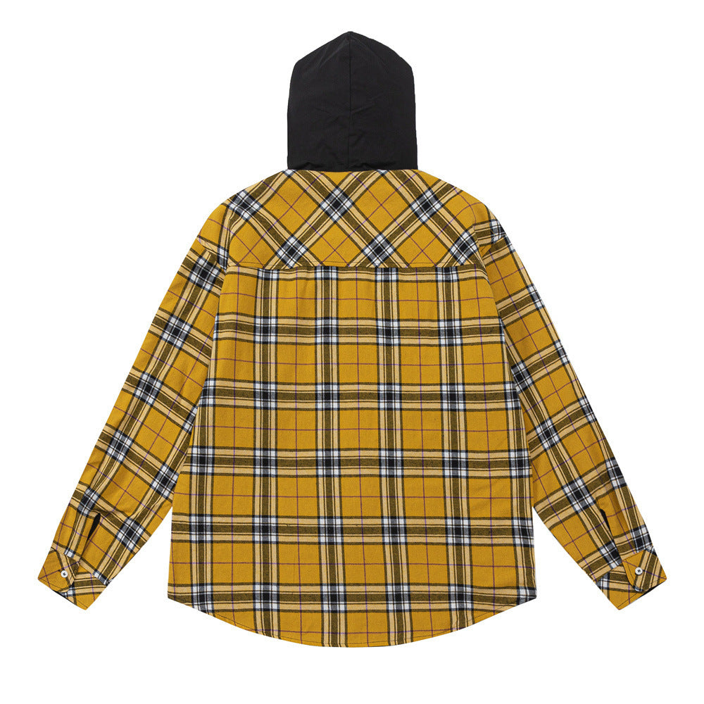 European And American Style Colorblock Hood Plaid Long Sleeve Shirt