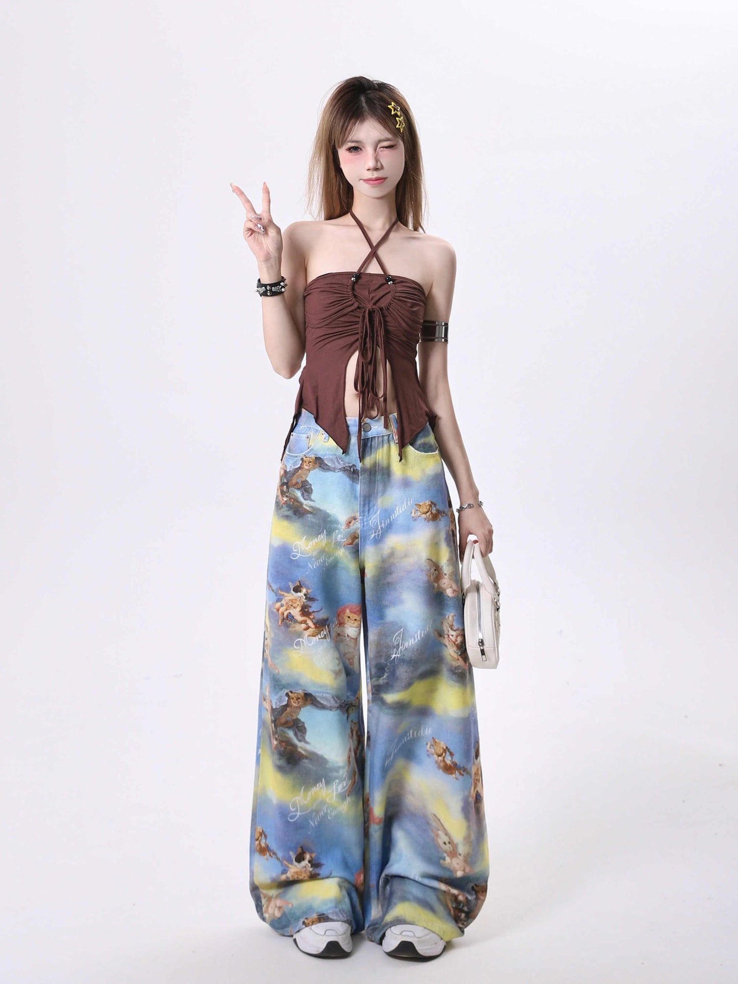 Casual Angel Kitten Oil Painting Printing Wide Leg Pants