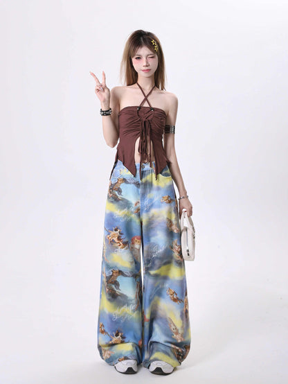 Casual Angel Kitten Oil Painting Printing Wide Leg Pants