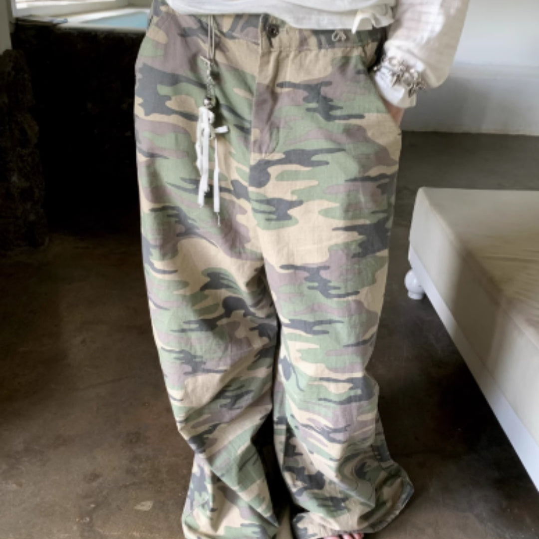Wide Camouflage Drawstring Wide Leg Floor Pants Female