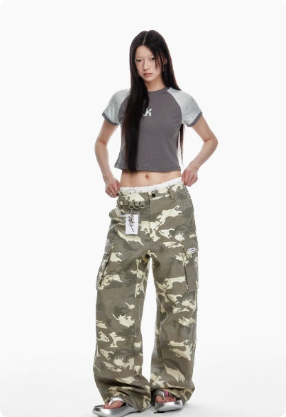 Imitation Sand Washed And Worn Faded White Multi Pocket Camouflage Jeans