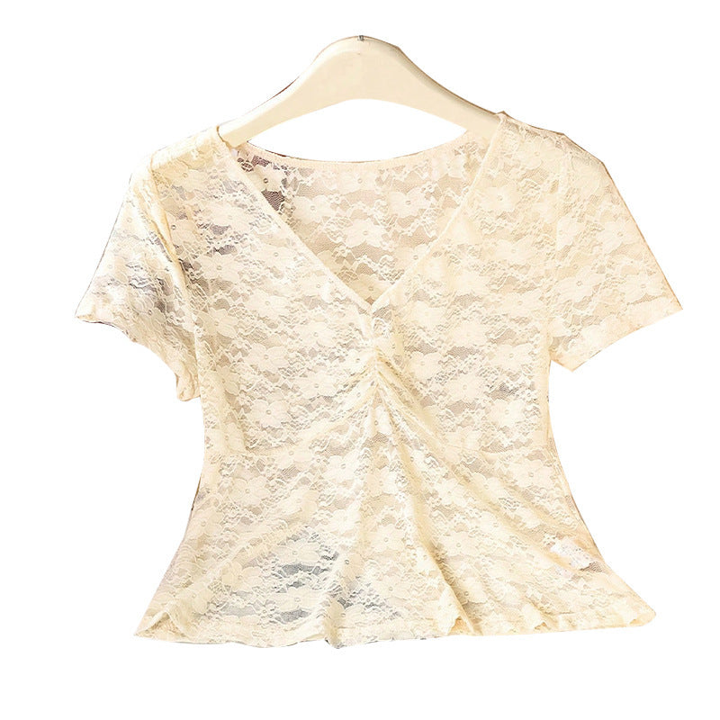 Female European And American Style Sexy Lace Shirt Short Sleeved