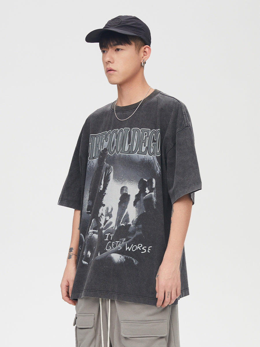 High Street Men's Washed Old Vintage Printed Short Sleeves