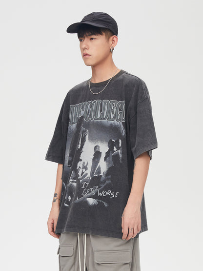 High Street Men's Washed Old Vintage Printed Short Sleeves